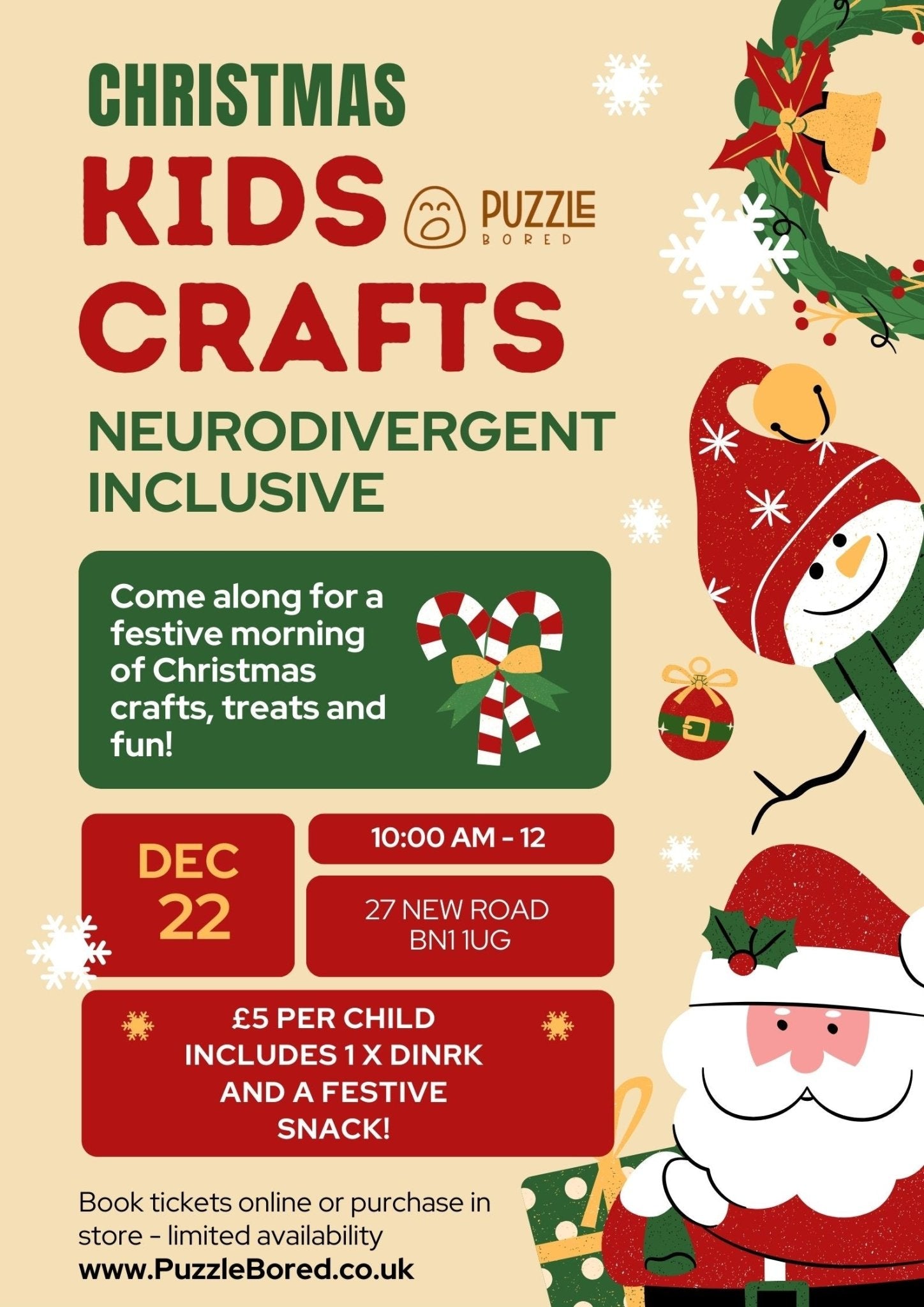 Kids Christmas Crafts - Neurodivergent Inclusive - 22nd December 10.00 - 12.00 - Puzzle Bored